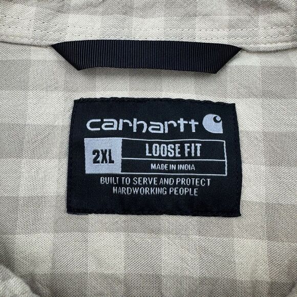 Carhartt Men’s 2XL Loose Fit Plaid Short Sleeve Button Up Work Shirt Tan Cotton - Picture 2 of 8